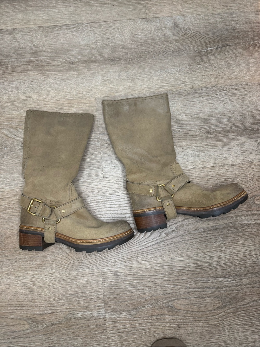 Prada Tan Suede Mid-Calf Harness Boots with Gold Hardware